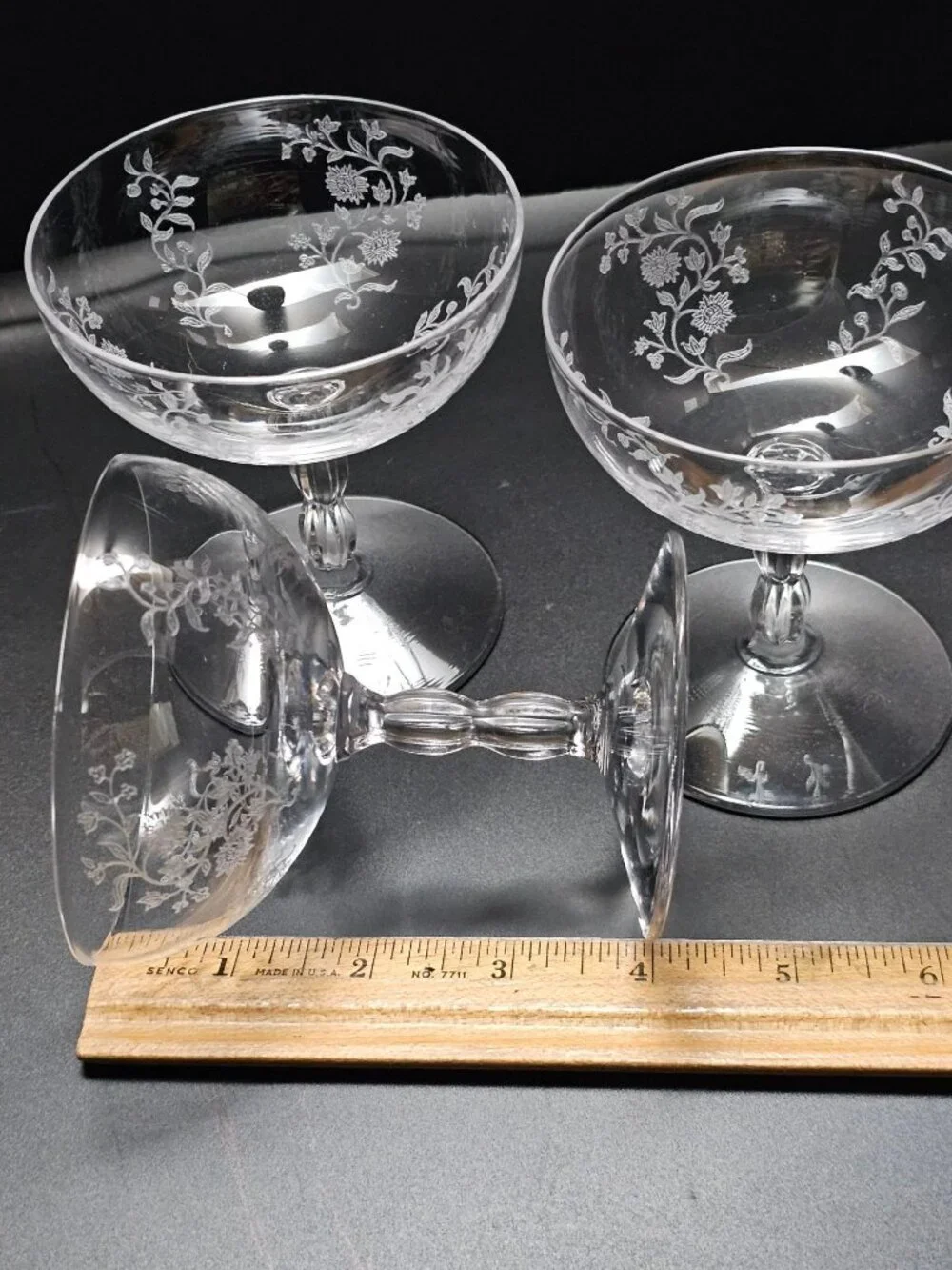 3 Fostoria Rambler Champagne Coupe Glasses vtg Floral Etched elegant 1950s